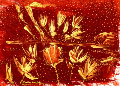 Landschap met bloemen en sterrenhemel bruin goud door Martina Konitzky