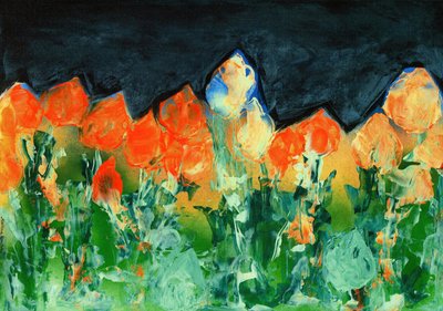 Zwarte regenhemel boven een berglandschap met bloemen door Martina Konitzky