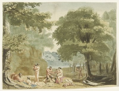 Nimfen en saters in een landschap door Martinus Berkenboom