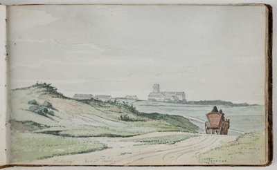 Uitzicht op een landschap. Op de voorgrond een veldweg met een paardenwagen; op de achtergrond huizen en een kerk door Martinus Rørbye