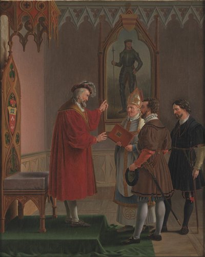 Adolf, hertog van Sleeswijk-Holstein, weigert het aanbod om de Deense troon te bestijgen. Kopie naar C. W. Eckersberg door Martinus Rørbye