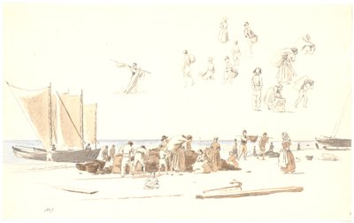 Vissers in Skagen lossen boten op het strand door Martinus Rørbye