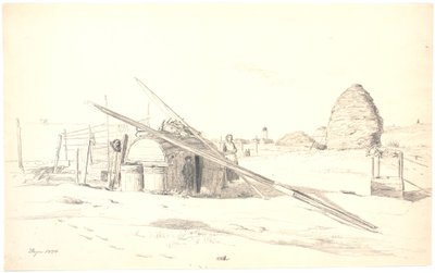 Vissershut in Skagen Østerby, met de witte vuurtoren op de achtergrond door Martinus Rørbye