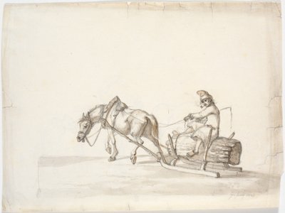 Paardenslee met een man op een bundel riet [?] door Martinus Rørbye