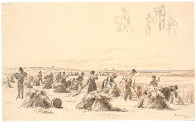 Oogstwerkers op het veld. Op de achtergrond molens en de zee door Martinus Rørbye