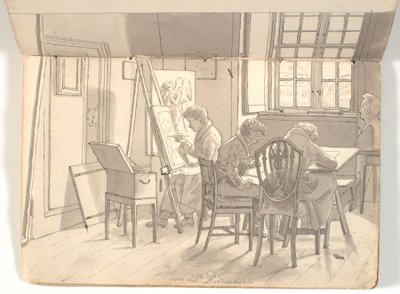 Interieur van de academie met schilderende en tekenende kunstenaars door Martinus Rørbye