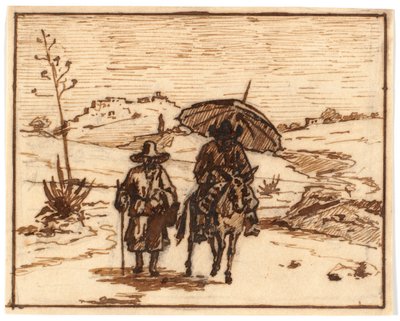 Italiaans landschap met ezelrijder en een wandelaar door Martinus Rørbye