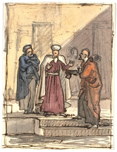 Compositiestudie met drie staande mannen op een tweestaps trap door Martinus Rørbye