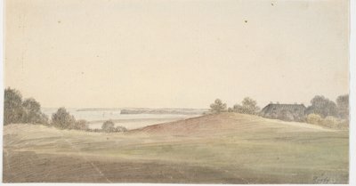 Landschap met water op de achtergrond en huis rechts door Martinus Rørbye