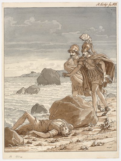 Twee krijgers vinden een man aangespoeld op het strand door Martinus Rørbye