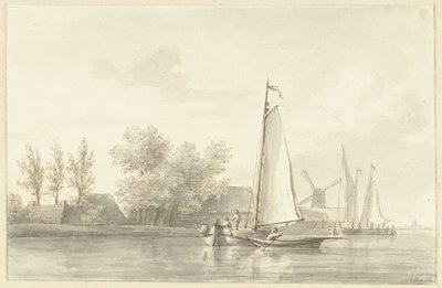 Riviergezicht met zeilschip en roeiboot door Martinus Schouman