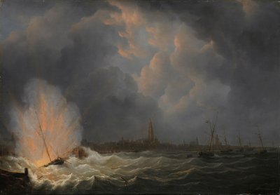 De explosie van kanonneerboot nr. 2, onder bevel van Jan van Speijk, voor Antwerpen, 5 februari 1831 door Martinus Schouman