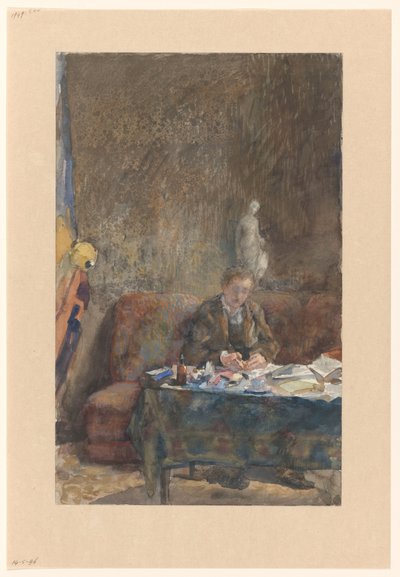 Interieur met schrijvende man op sofa achter tafel door Martinus van Andringa
