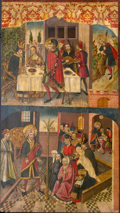 Sint Christoffel Neemt Afscheid van de Koning die Satan Vreesde; Sint Christoffel en Zijn Bekeerlingen door Martín de Soria