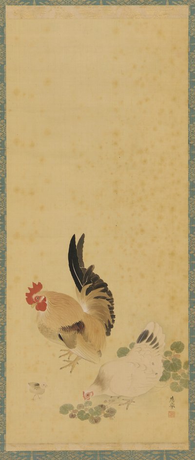Haan, hen en kuiken, Edo-periode door Maruyama Okyo
