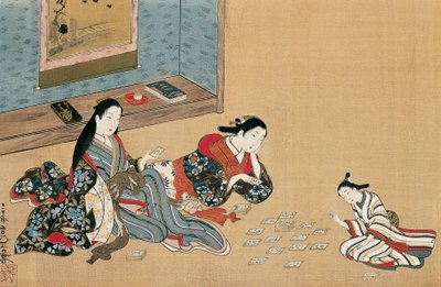 Vrouwen die kaarten spelen, door Maruyama Okyo, zijdeschildering in ukiyo-e stijl, Japan door Maruyama Okyo