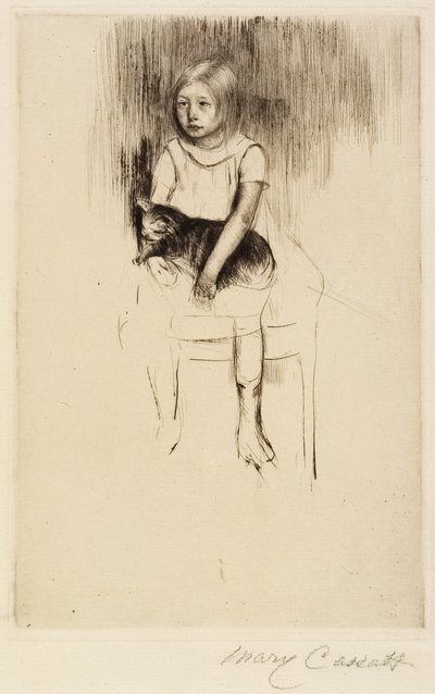 Ellen houdt een kat vast, kijkt naar links, c. 1887 door Mary Cassatt