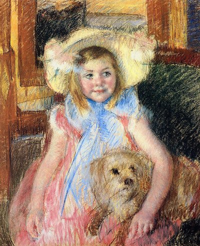 Sara in een grote bloemenhoed, naar rechts kijkend, haar hond vasthoudend door Mary Cassatt