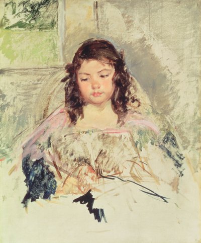 Schets voor "Françoise in een stoel met ronde rug, lezend" of "Een meisje in roze" door Mary Cassatt