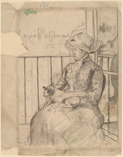 Susan op een balkon met een hond [recto], ca. 1883 door Mary Cassatt