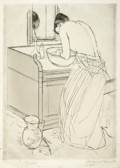 Vrouw die baadt door Mary Cassatt