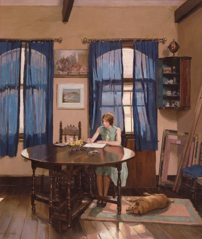 Interieur met een vrouwelijke kunstenaar die schildert aan een klaptafel door Mary Dawson Elwell