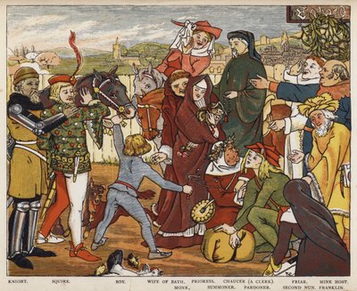 Geoffrey Chaucer, De Canterbury Tales, De pelgrims verlaten de Tabard Inn door Mary Eliza Haweis