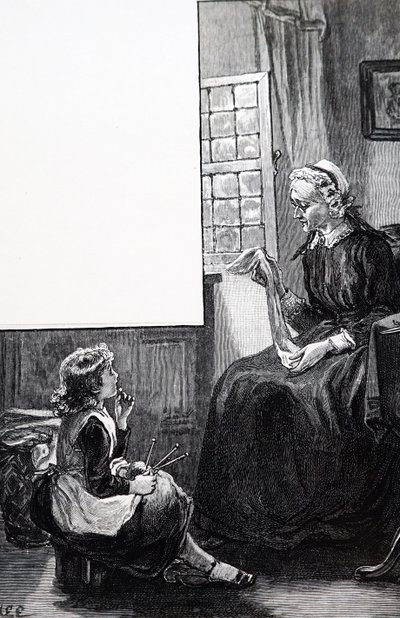 Een grootmoeder die de inspanningen van het kind bij het breien onderzoekt door Mary Ellen Edwards