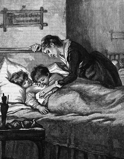 Een moeder die haar slapende kinderen controleert door Mary Ellen Edwards