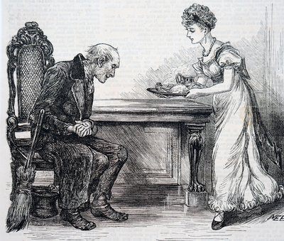 Een vrouw die de straatveger een warme maaltijd geeft. Door Mary Ellen Edwards, een Engelse kunstenaar door Mary Ellen Edwards