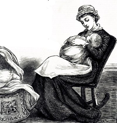 Een gravure die een moeder toont die haar baby wiegt. Geïllustreerd door Mary Ellen Edwards (1838-1934) een Engelse kunstenares en productieve illustrator van kinderboeken door Mary Ellen Edwards