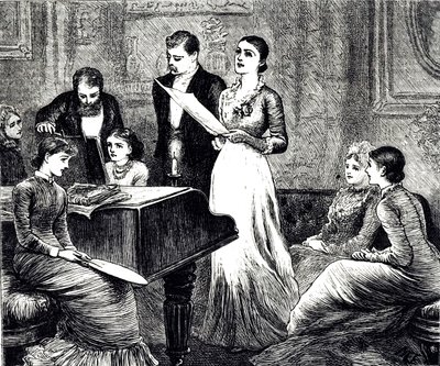 Een gravure die een muzikale avond afbeeldt. Geïllustreerd door Mary Ellen Edwards door Mary Ellen Edwards
