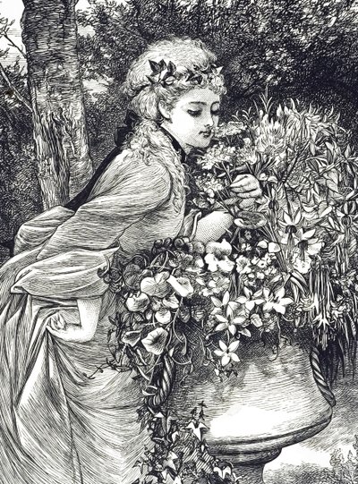 Een gravure die een jong meisje afbeeldt dat bloemen ruikt in een tuinvaas. Geïllustreerd door Mary Ellen Edwards (1838-1934), een Engelse kunstenares en illustratrice van kinderboeken door Mary Ellen Edwards