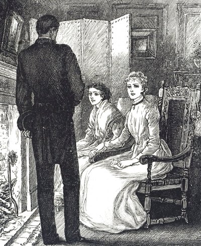 Gravure die twee vrouwen toont die zich warm houden bij de open haard door Mary Ellen Edwards