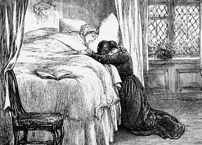 Illustratie van een dochter die huilt aan het sterfbed van haar moeder door Mary Ellen Edwards