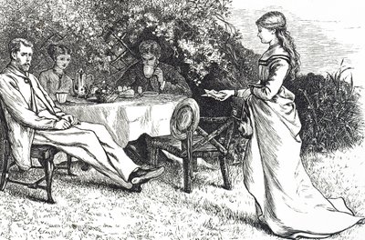 Illustratie van een gezin dat ontbijt in de tuin door Mary Ellen Edwards