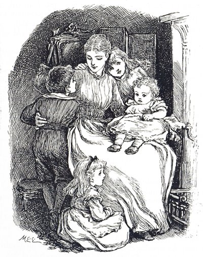 Illustratie die een moeder met haar kinderen afbeeldt door Mary Ellen Edwards
