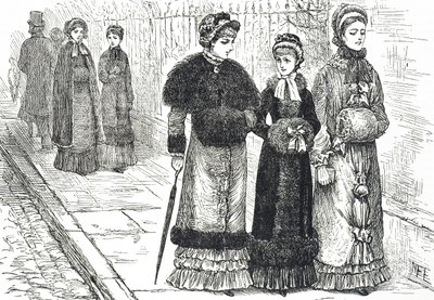 Illustratie van jonge vrouwen met mofjes om hun handen warm te houden tijdens kouder weer door Mary Ellen Edwards
