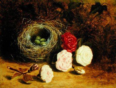 Stilleven van Vogelnest en Rozen door Mary Ensor