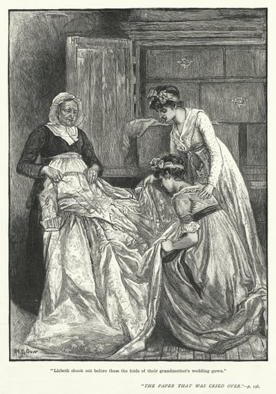 Lisbeth schudde voor hen de plooien van de trouwjurk van hun grootmoeder uit (gravure) door Mary L. Gow