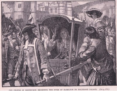De mensen van Edinburgh begeleiden de hertog van Hamilton naar Holyrood Palace AD 1706 door Mary L. Gow