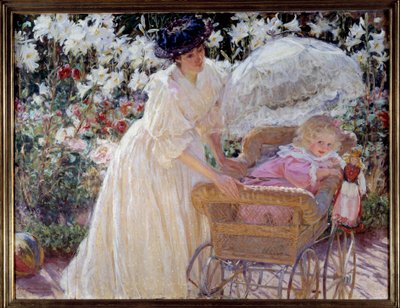 Roos en lelie Een moeder en haar kleine dochter in een kinderwagen in een bloementuin door Mary Louise MacMonnies