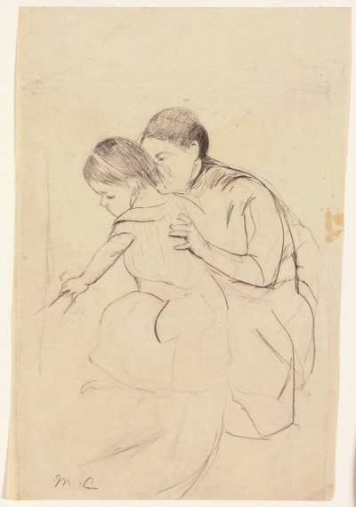Baby met linkerhand die een badkuip aanraakt, vastgehouden door haar verpleegster, ca. 1891 door Mary Cassatt