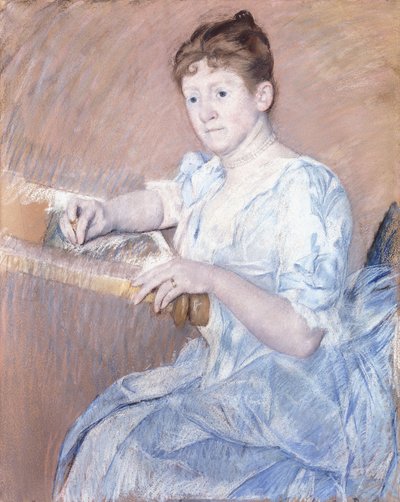 Mevrouw Alexander J. Cassat in een Blauwe Avondjurk Zittend bij een Wandtapijtraam door Mary Cassatt