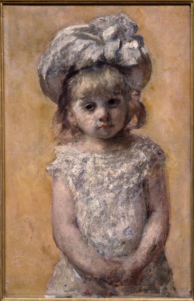 Portret van meisje in kanten jurk. Portret van een klein meisje in een witte jurk kijkt verdrietig. Schilderij door de Amerikaanse Mary Cassatt (1844-1926) door Mary Stevenson Cassatt