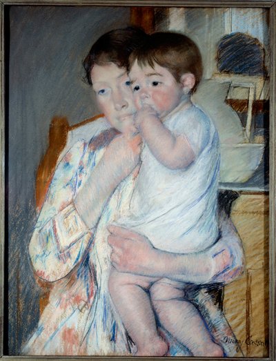 Vrouw en kind voor een tafel waar een jam en een kom op staan door Mary Stevenson Cassatt