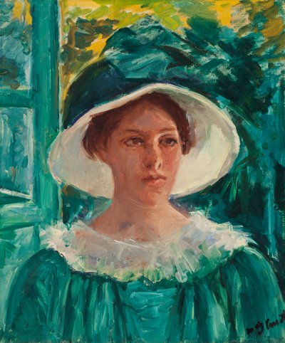 Jonge vrouw in het groen, buiten in de zon (Hoofd van een jonge vrouw), ca. 1914 door Mary Stevenson Cassatt