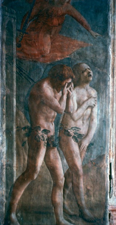 Adam en Eva verbannen uit het Paradijs, detail, voor restauratie door Masaccio Tommaso