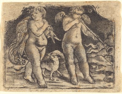 Cupido draagt een vogel vergezeld door een hond, en een andere cupido speelt trompet door Maso Finiguerra