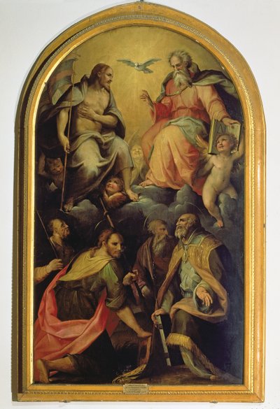 De Heilige Drie-eenheid met heiligen door Maso da San Friano